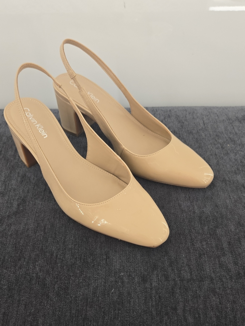 Calvin Klein Patent Beige Slingback Block Heels